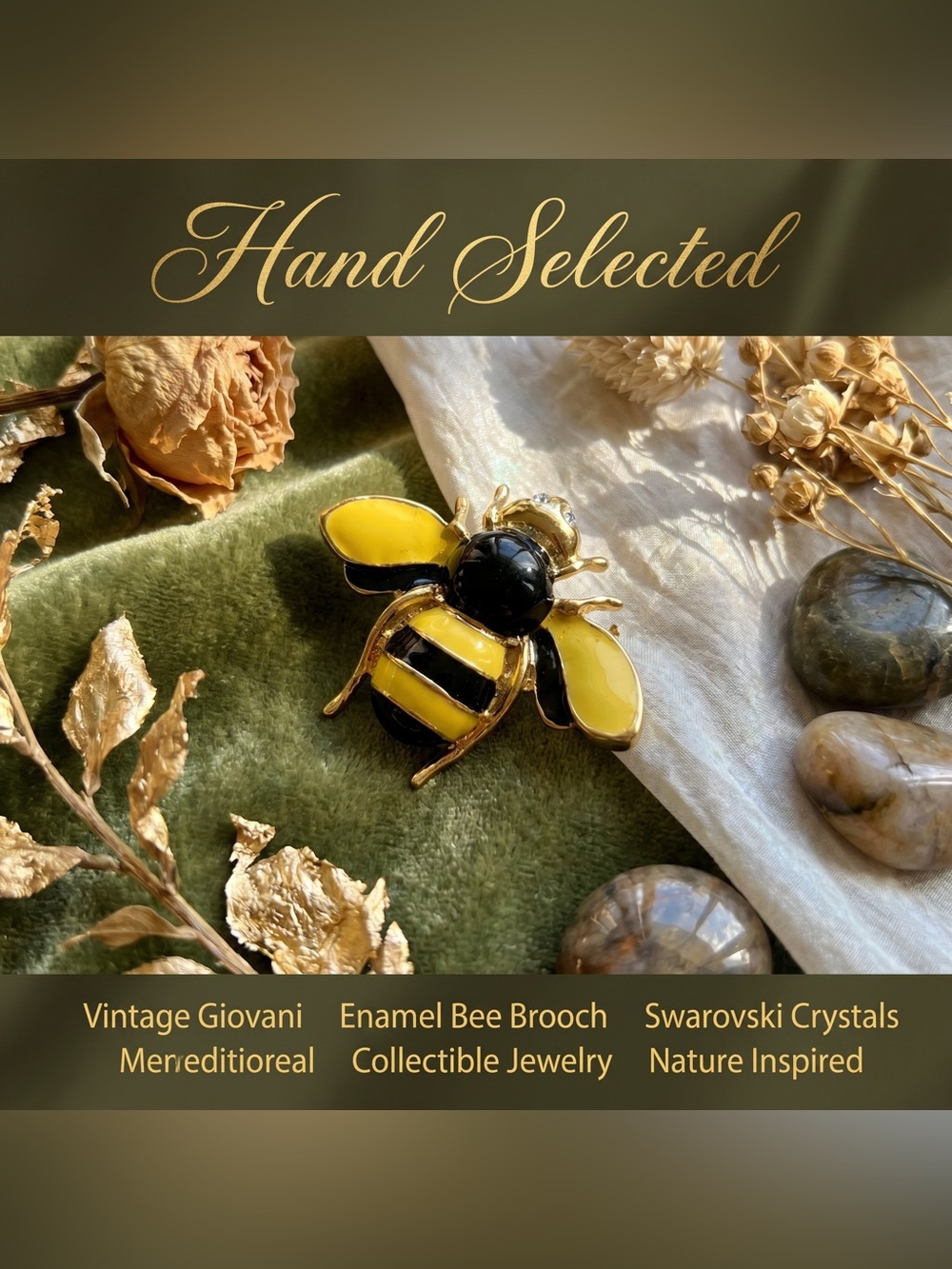 Signed Giovani Vintage Black/yellow enamel Bee Brooch with Swarovski Crystals